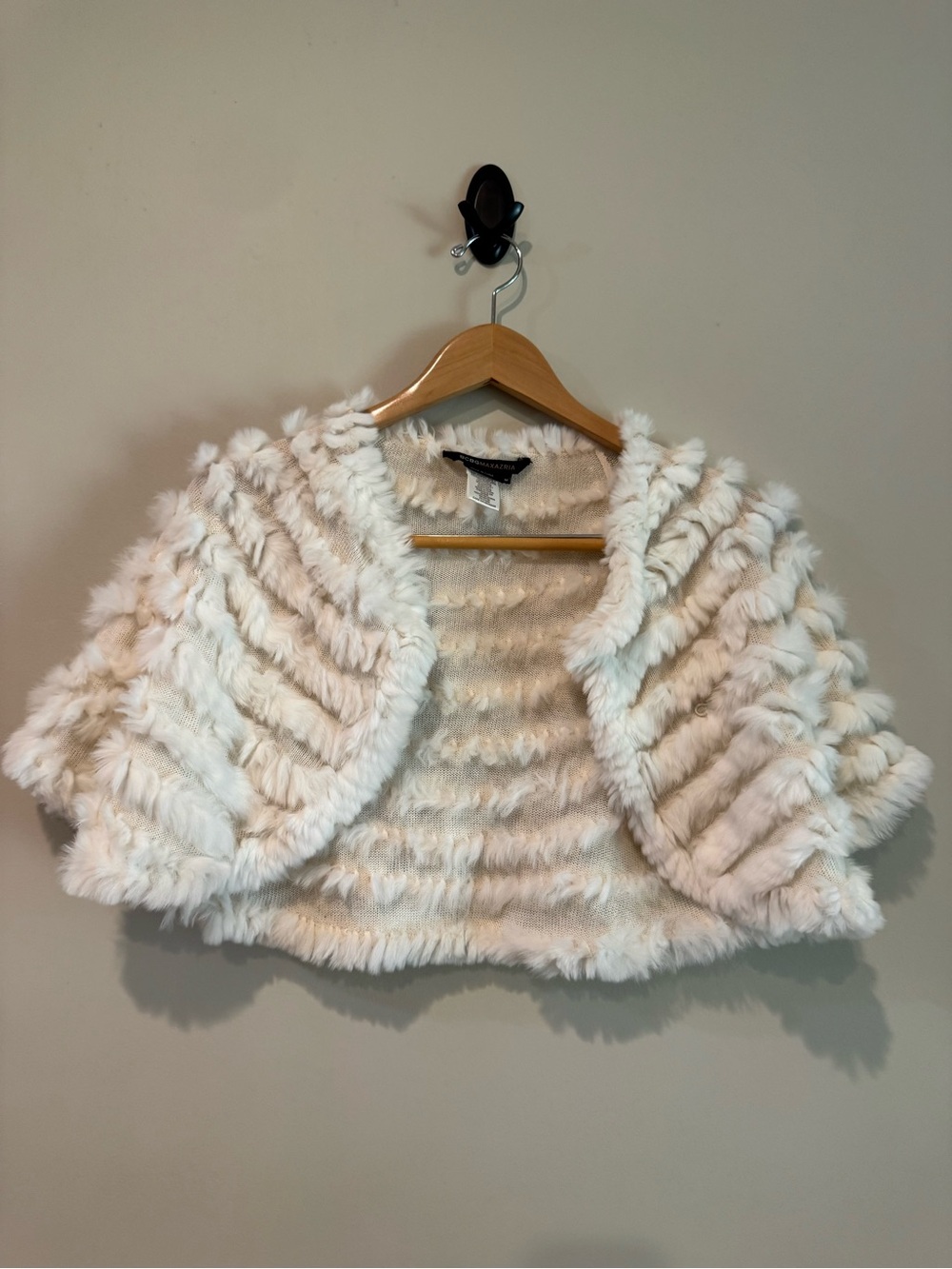 BCBGMaxAzria Cream Faux Rabbit Fur Trim Knit Shrug